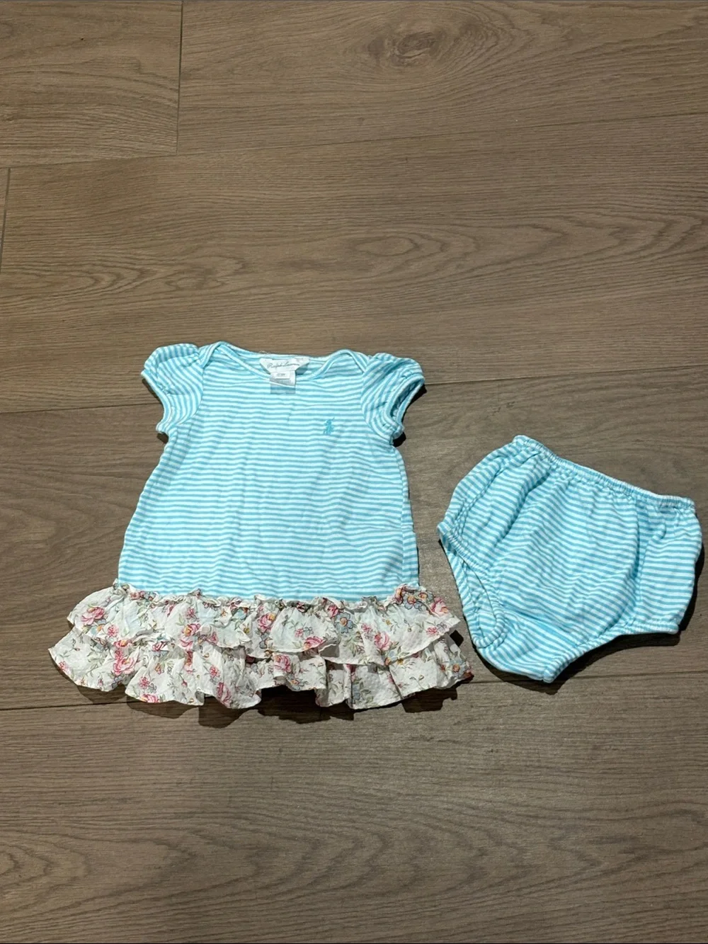 Ralph Lauren Light Blue & White Striped Dress with Floral Ruffle Bloomers